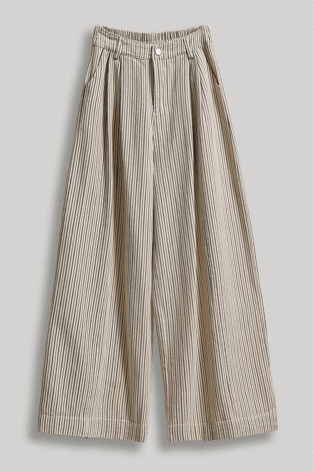 Pleated Pinstripe Wide Leg Cotton Trousers in Cream Beige - Women's Pants | Urban Daizy