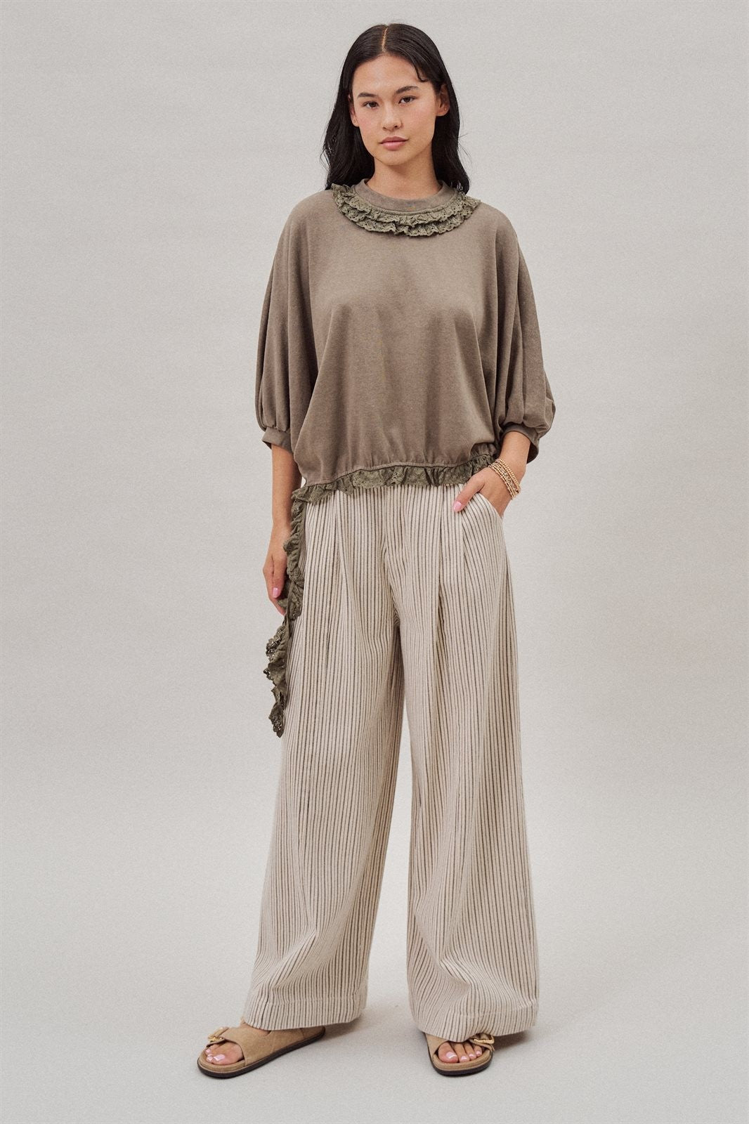 Pleated Pinstripe Wide Leg Cotton Trousers in Cream Beige - Women's Pants | Urban Daizy