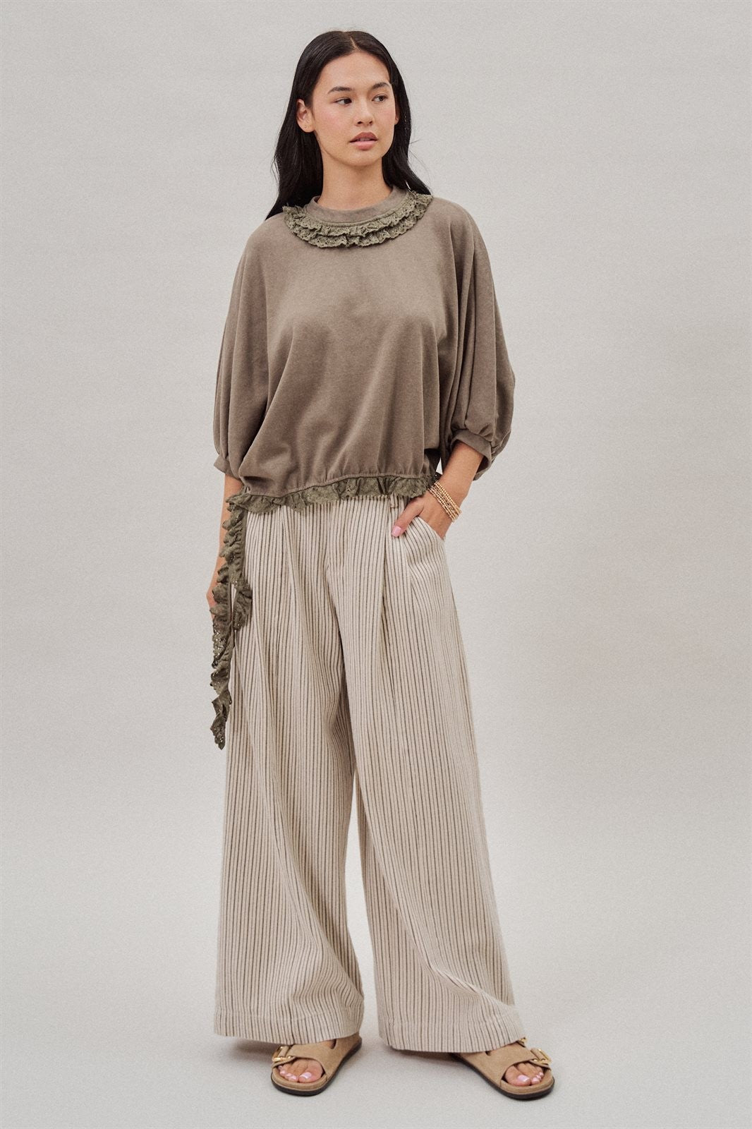 Pleated Pinstripe Wide Leg Cotton Trousers in Cream Beige - Women's Pants | Urban Daizy