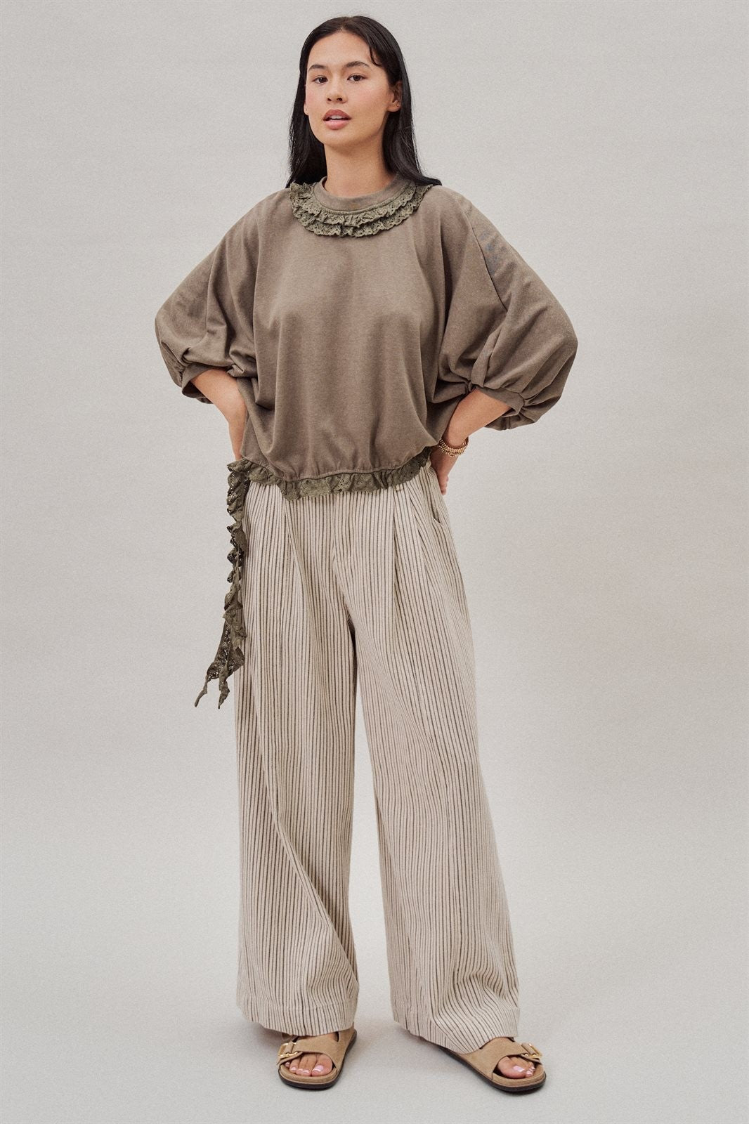 Pleated Pinstripe Wide Leg Cotton Trousers in Cream Beige - Women's Pants | Urban Daizy