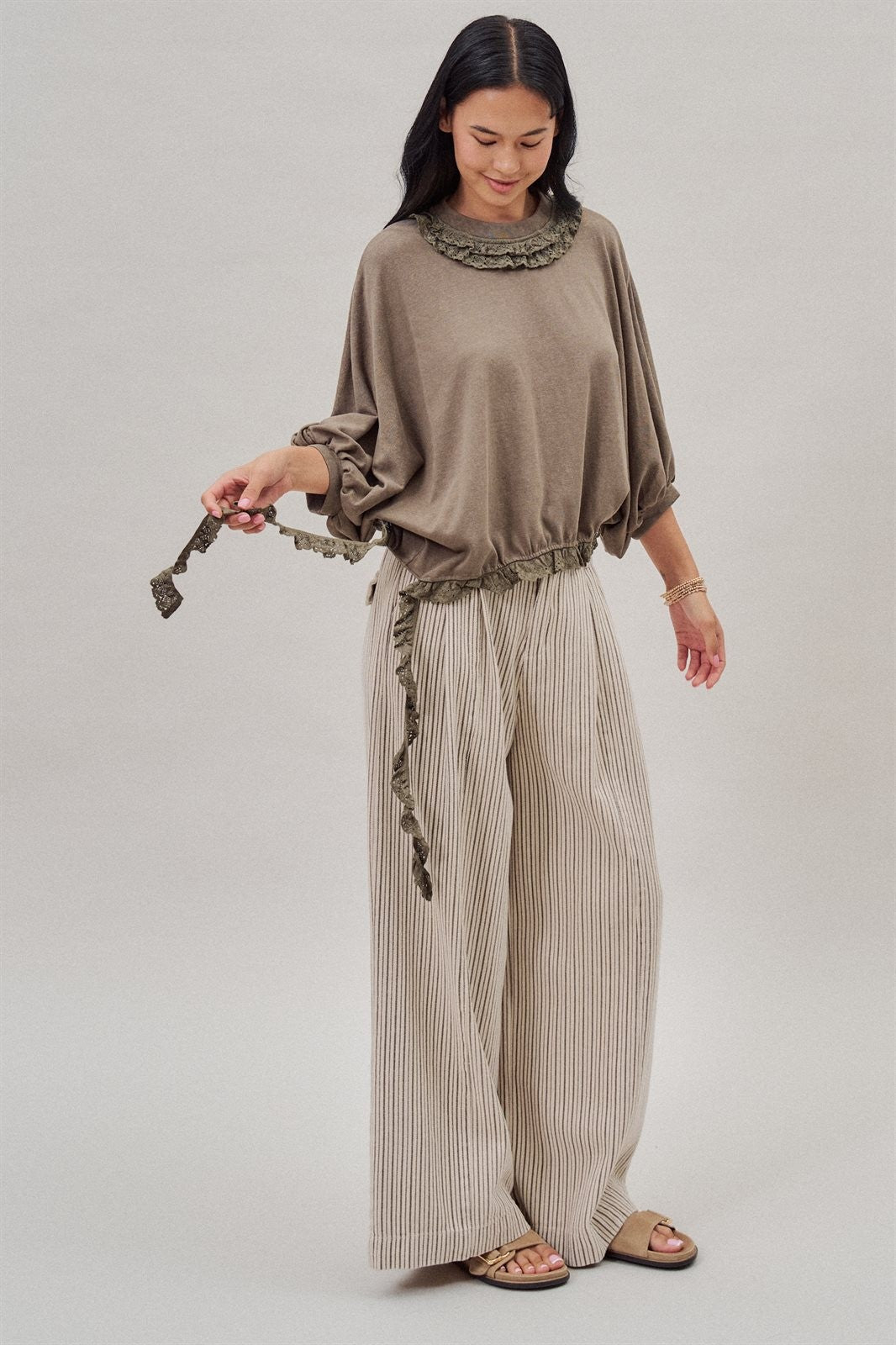 Pleated Pinstripe Wide Leg Cotton Trousers in Cream Beige - Women's Pants | Urban Daizy