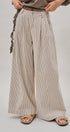 Pleated Pinstripe Wide Leg Cotton Trousers in Cream Beige - Women's Pants | Urban Daizy