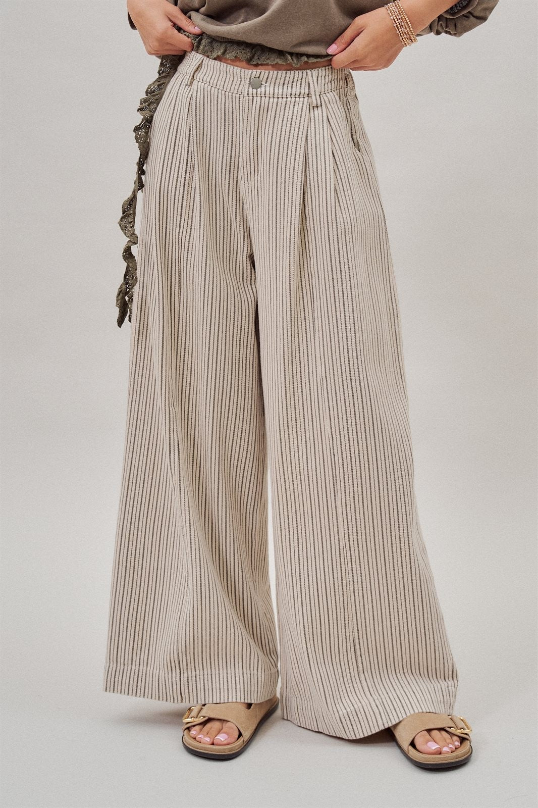 Pleated Pinstripe Wide Leg Cotton Trousers in Cream Beige - Women's Pants | Urban Daizy