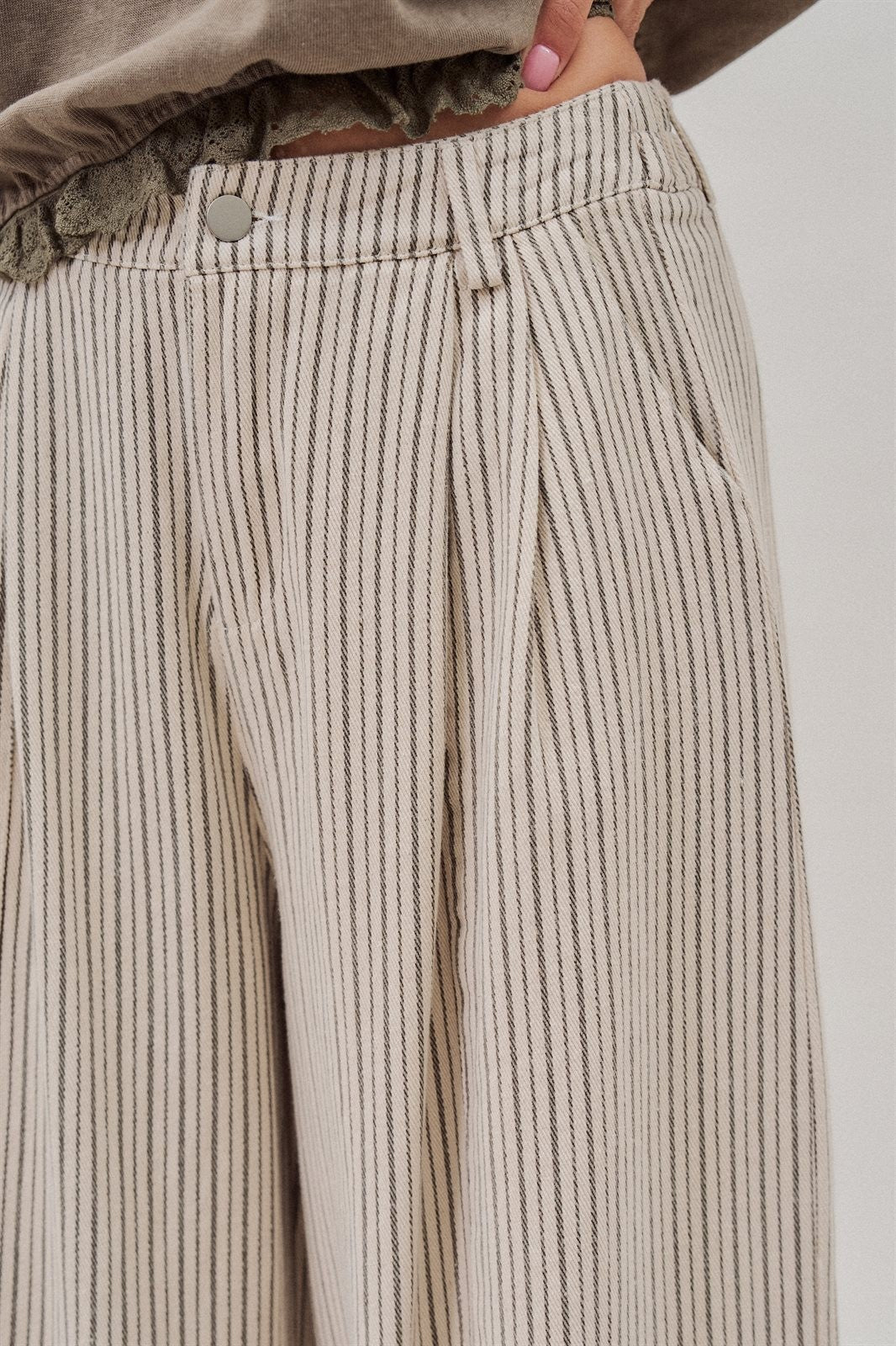 Pleated Pinstripe Wide Leg Cotton Trousers in Cream Beige - Women's Pants | Urban Daizy