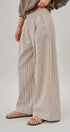 Pleated Pinstripe Wide Leg Cotton Trousers in Cream Beige - Women's Pants | Urban Daizy
