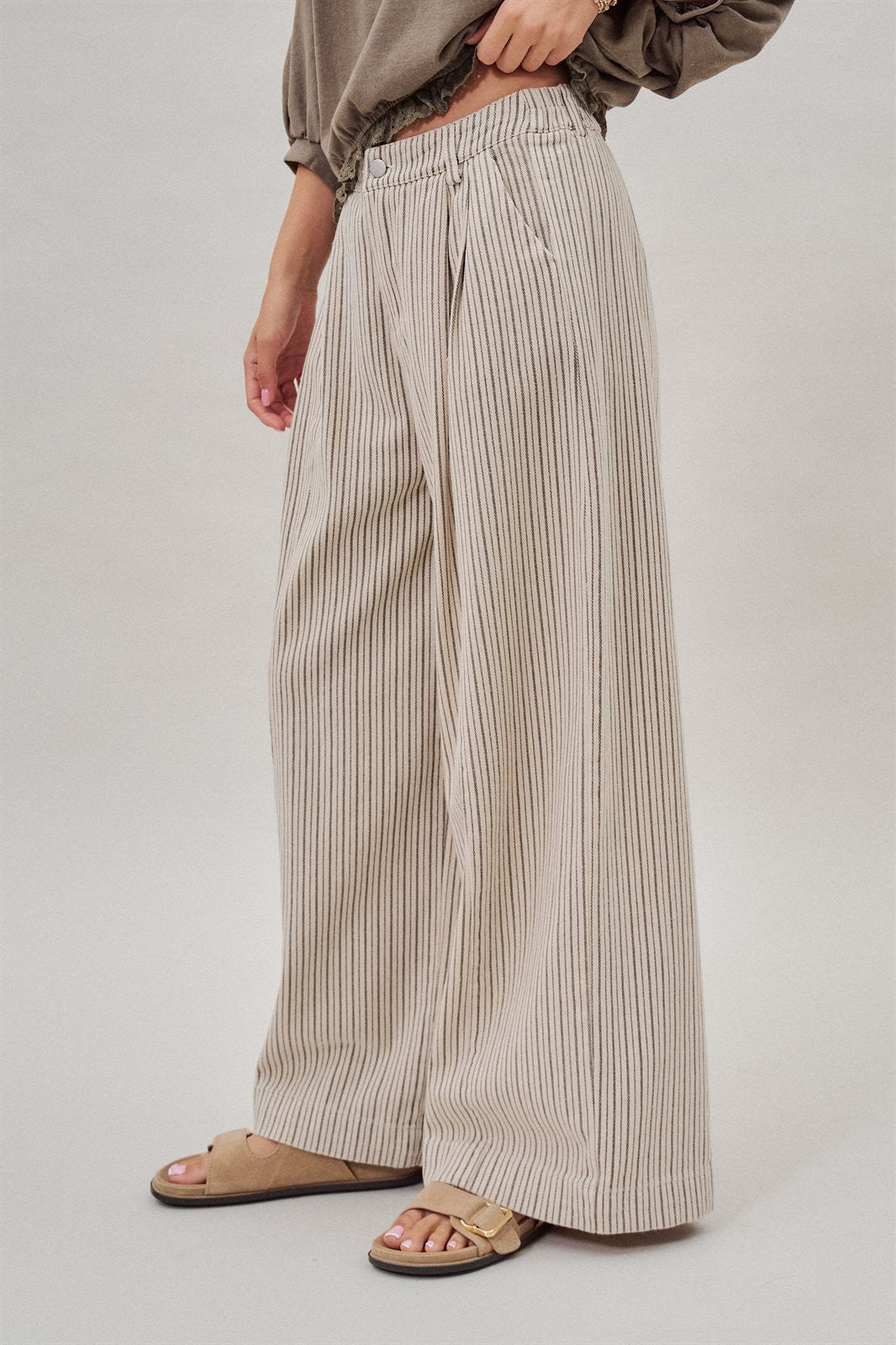 Pleated Pinstripe Wide Leg Cotton Trousers in Cream Beige - Women's Pants | Urban Daizy