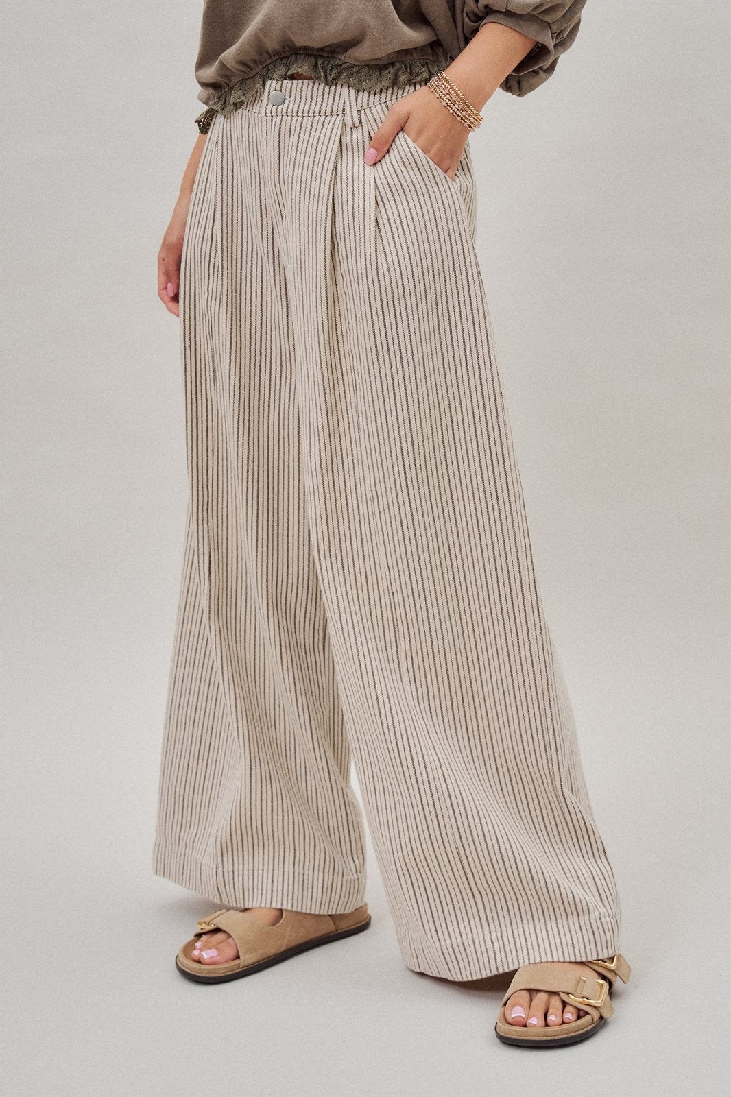Pleated Pinstripe Wide Leg Cotton Trousers in Cream Beige - Women's Pants | Urban Daizy