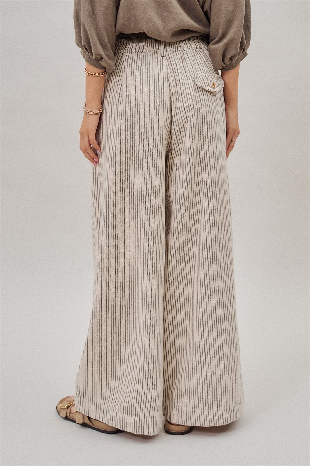 Pleated Pinstripe Wide Leg Cotton Trousers in Cream Beige - Women's Pants | Urban Daizy