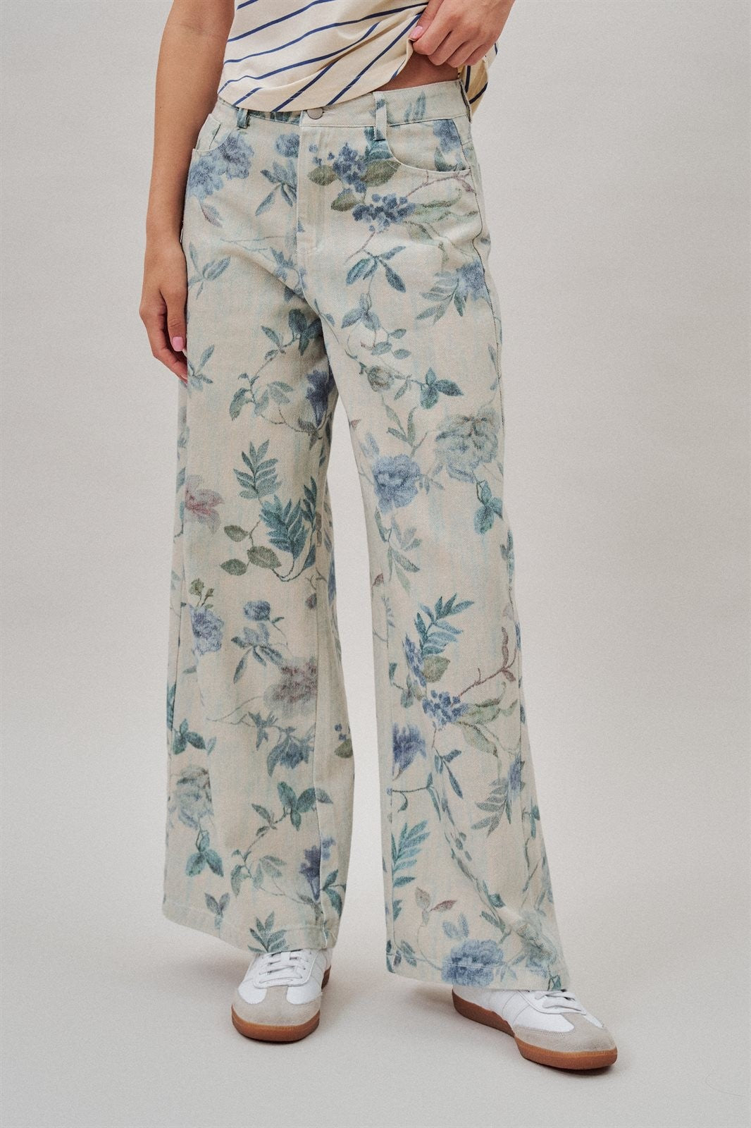 Floral Print Wide Leg Cotton Pants in Cream Blue - Women's Pants | Urban Daizy