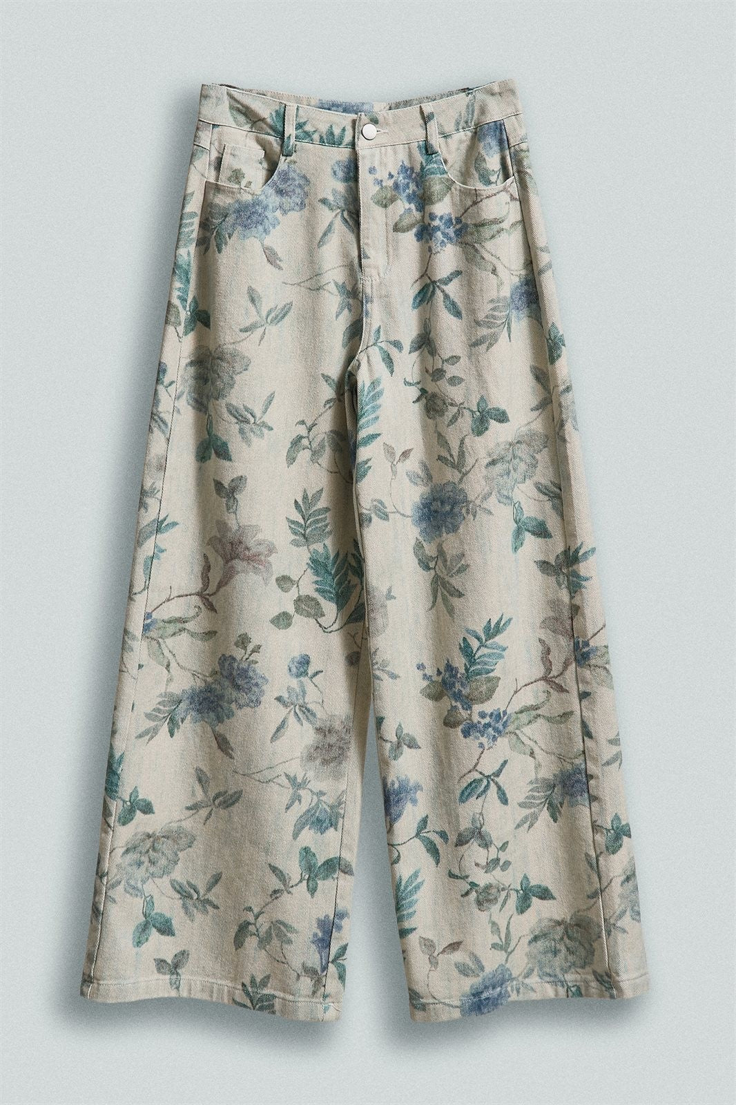 Floral Print Wide Leg Cotton Pants in Cream Blue - Women's Pants | Urban Daizy