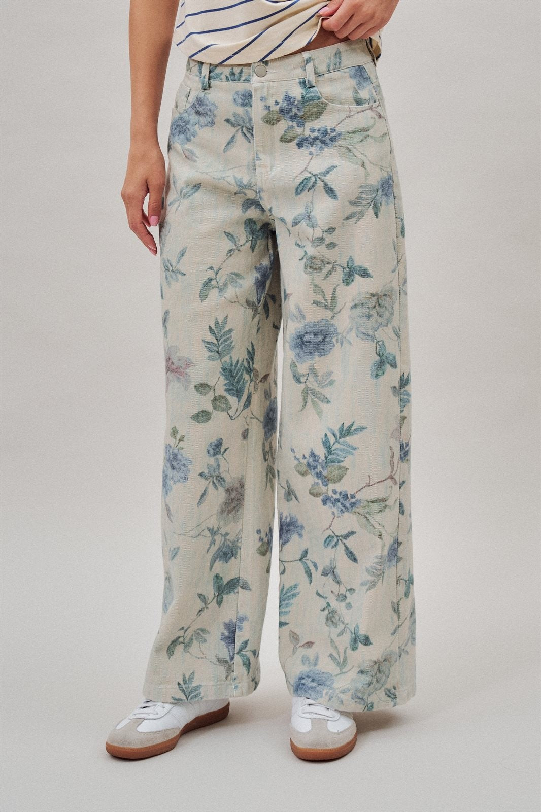 Floral Print Wide Leg Cotton Pants in Cream Blue - Women's Pants | Urban Daizy