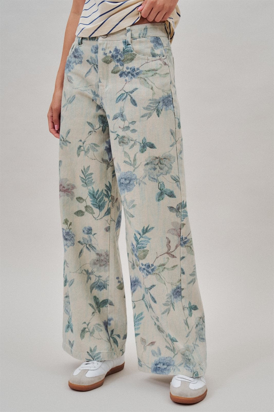 Floral Print Wide Leg Cotton Pants in Cream Blue - Women's Pants | Urban Daizy
