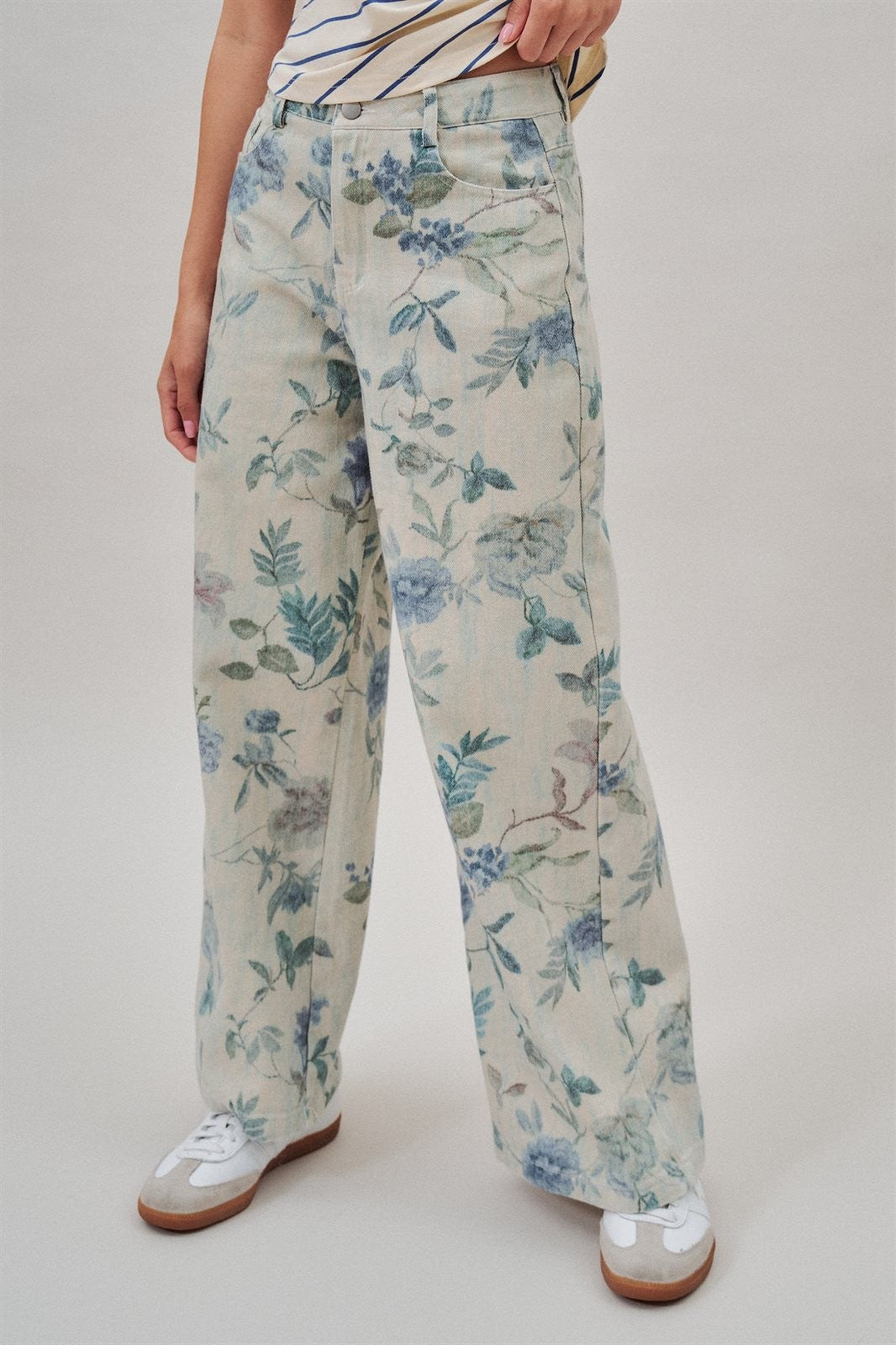 Floral Print Wide Leg Cotton Pants in Cream Blue - Women's Pants | Urban Daizy