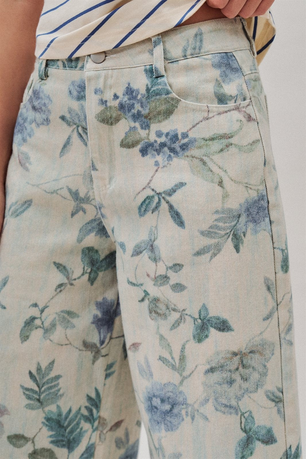 Floral Print Wide Leg Cotton Pants in Cream Blue - Women's Pants | Urban Daizy