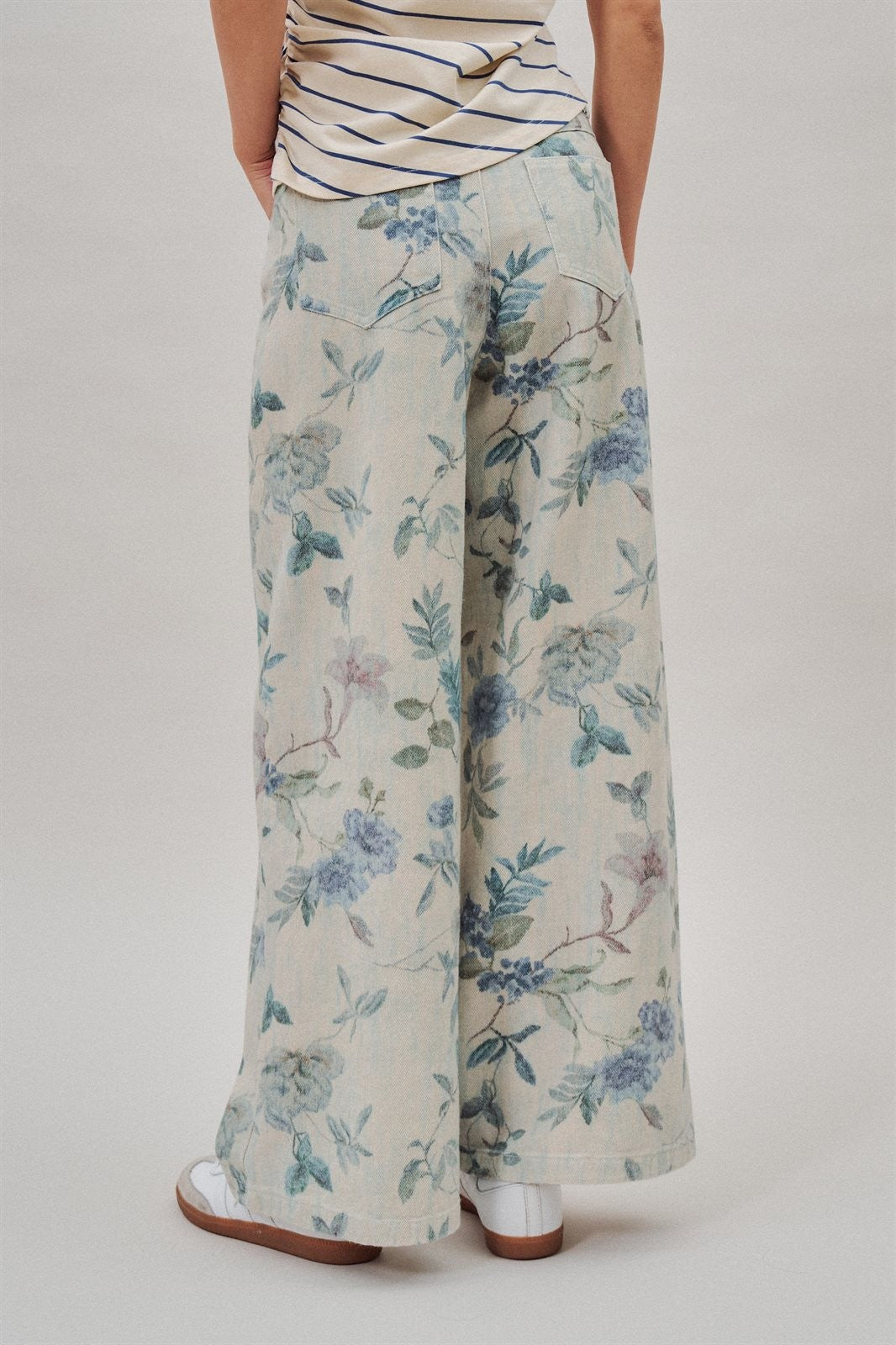 Floral Print Wide Leg Cotton Pants in Cream Blue - Women's Pants | Urban Daizy