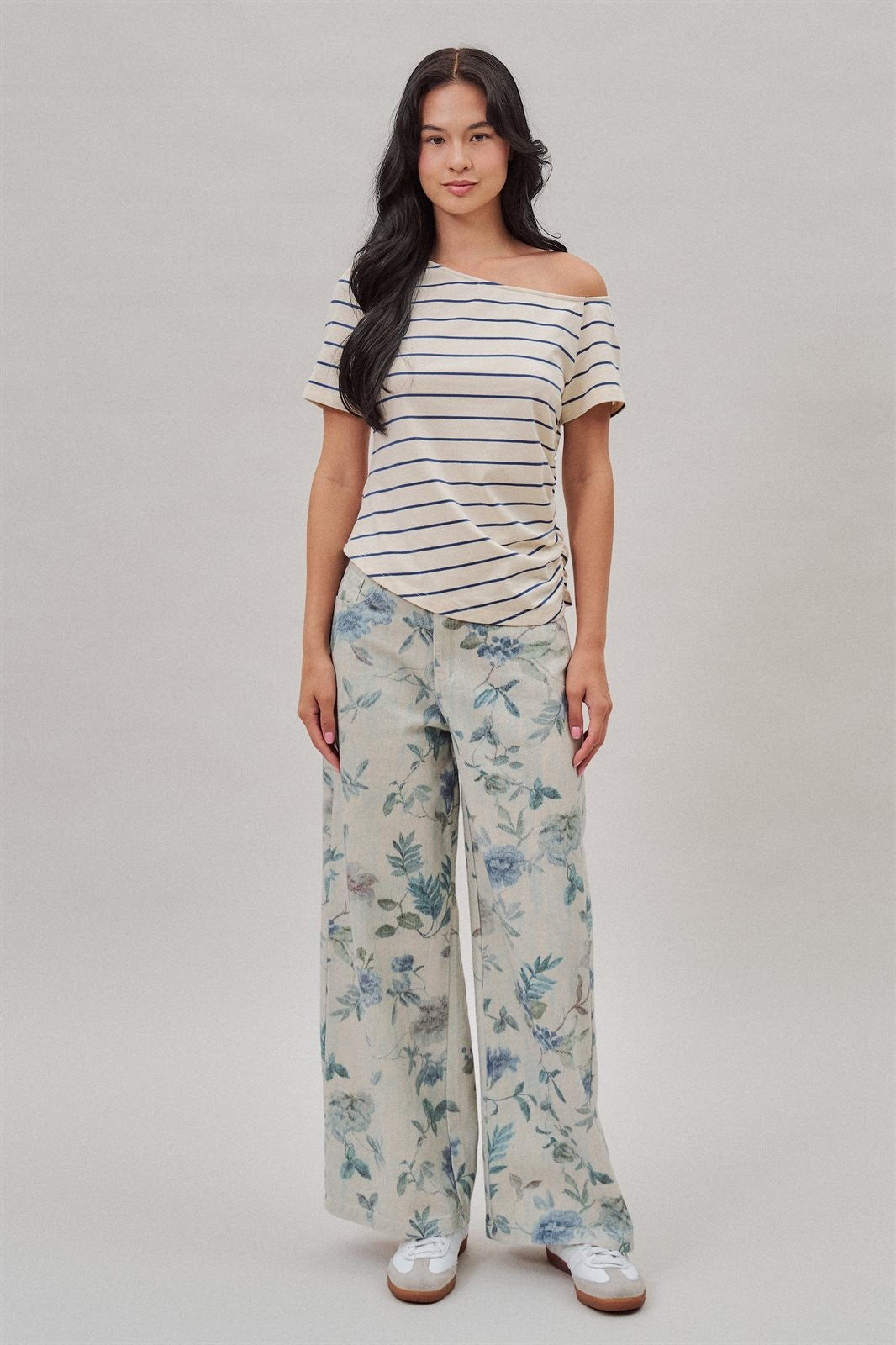 Floral Print Wide Leg Cotton Pants in Cream Blue - Women's Pants | Urban Daizy