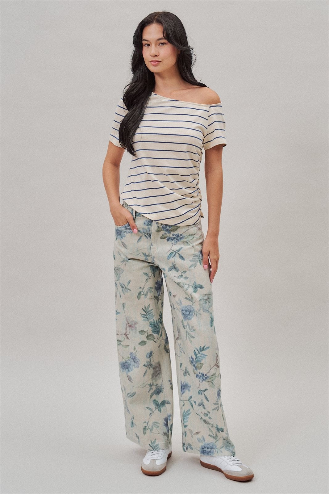 Floral Print Wide Leg Cotton Pants in Cream Blue - Women's Pants | Urban Daizy