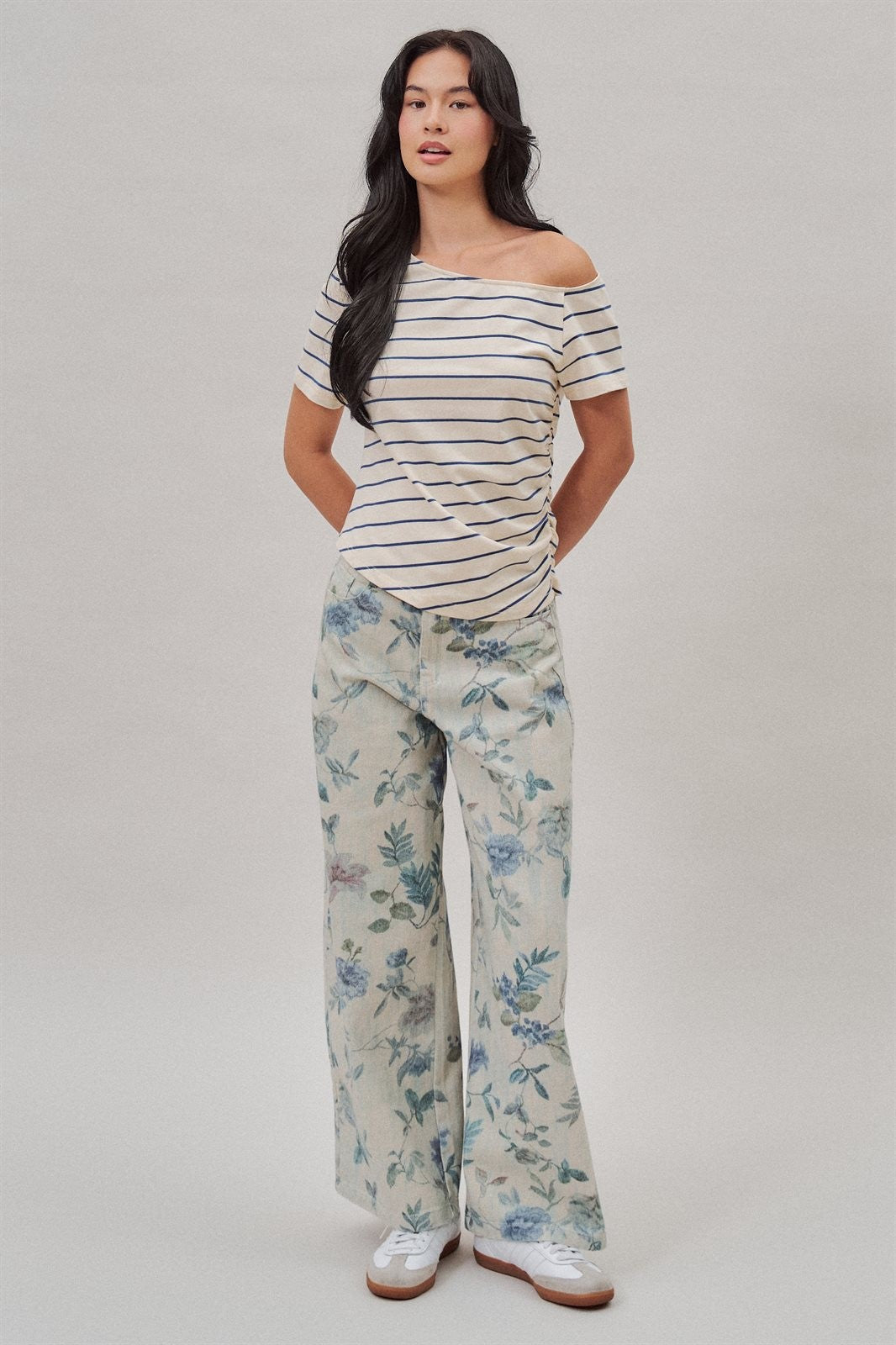 Floral Print Wide Leg Cotton Pants in Cream Blue - Women's Pants | Urban Daizy