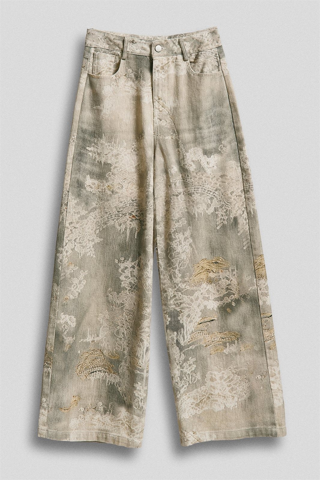 Wide Leg Cotton Pants in Vintage Lace Print in Cream Green - Women's Pants | Urban Daizy