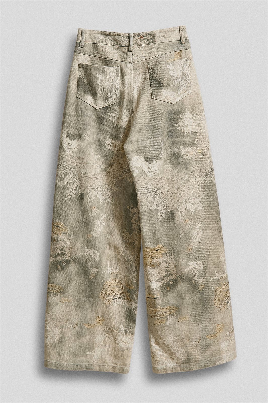 Wide Leg Cotton Pants in Vintage Lace Print in Cream Green - Women's Pants | Urban Daizy