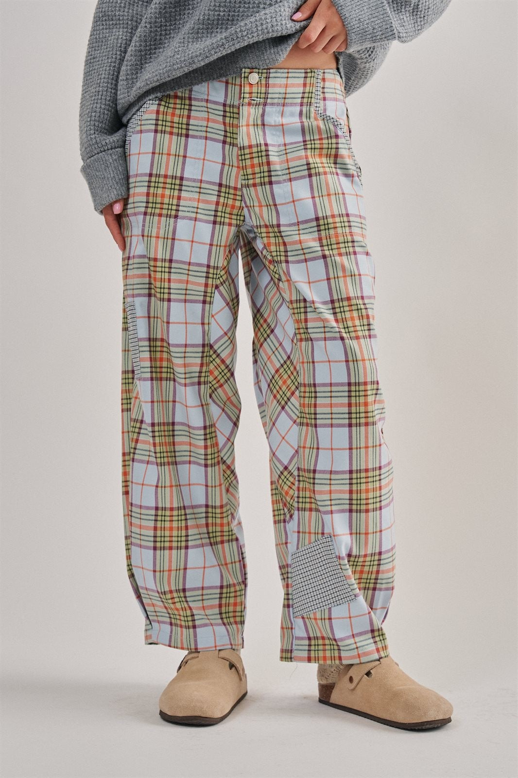 Plaid Patchwork Barrel Pants Wide Leg in Grey - Women's Casual Pants | Urban Daizy
