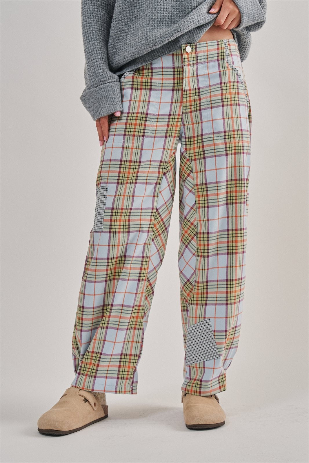 Plaid Patchwork Barrel Pants Wide Leg in Grey - Women's Casual Pants | Urban Daizy