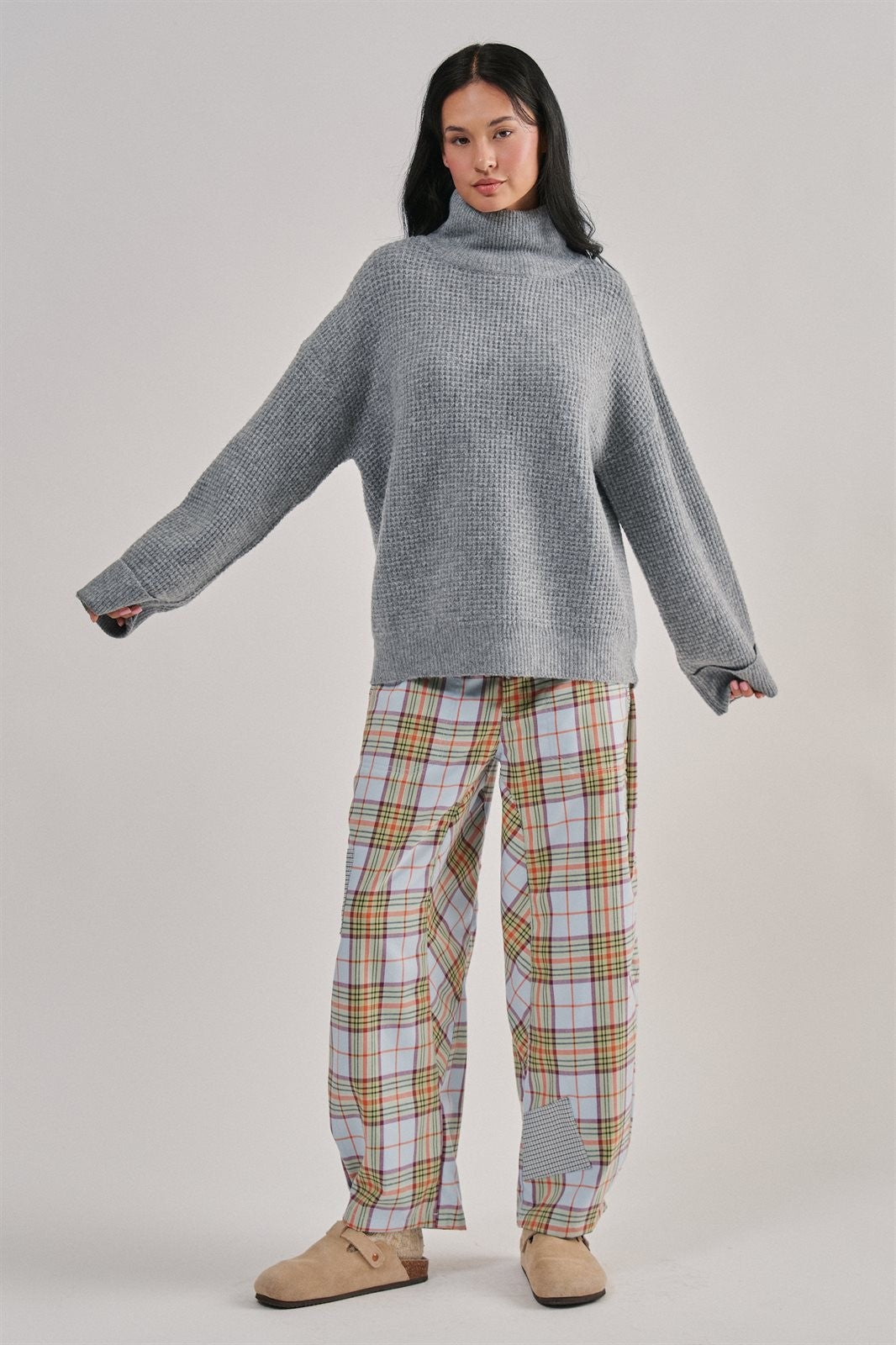 Plaid Patchwork Barrel Pants Wide Leg in Grey - Women's Casual Pants | Urban Daizy