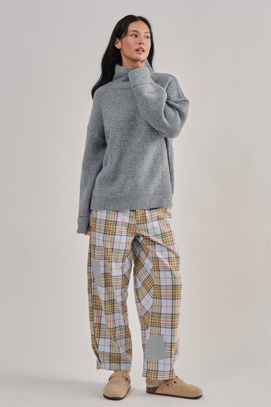 Plaid Patchwork Barrel Pants Wide Leg in Grey - Women's Casual Pants | Urban Daizy