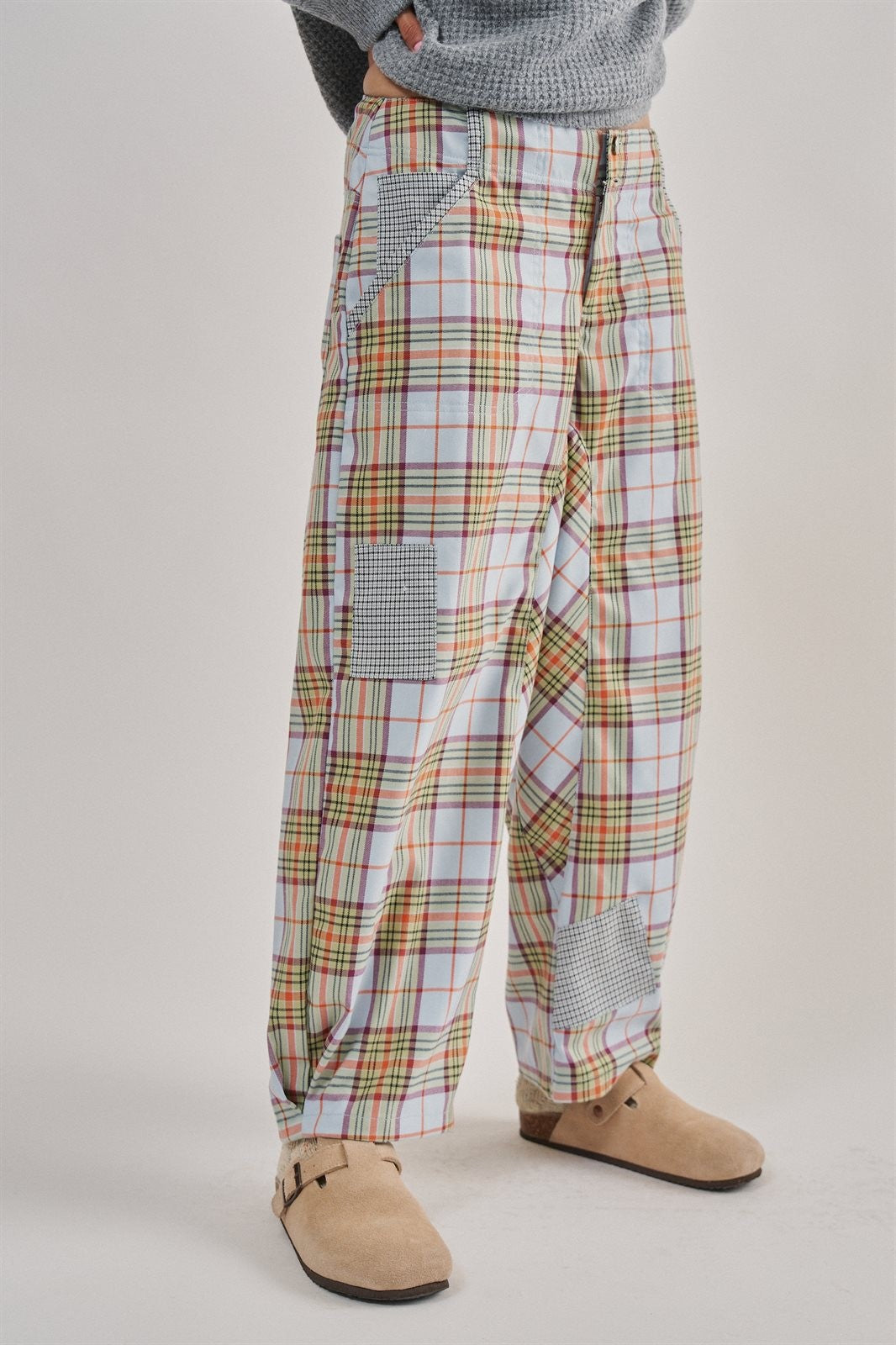 Plaid Patchwork Barrel Pants Wide Leg in Grey - Women's Casual Pants | Urban Daizy