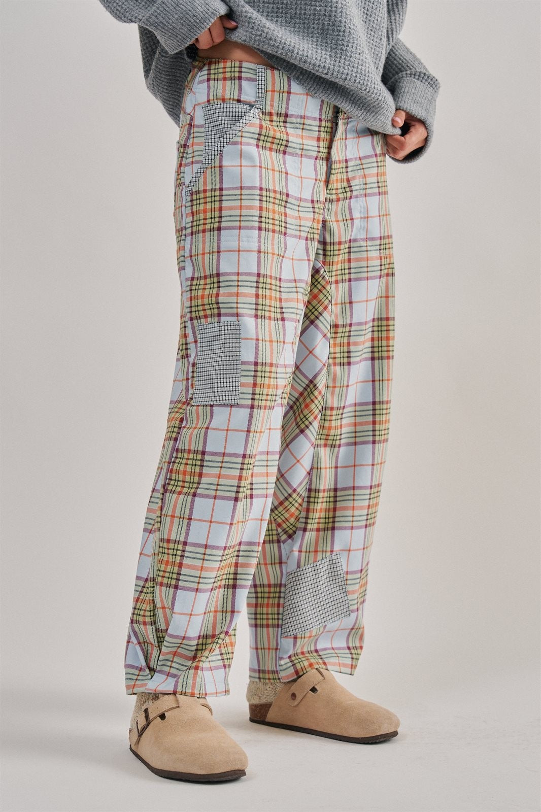 Plaid Patchwork Barrel Pants Wide Leg in Grey - Women's Casual Pants | Urban Daizy