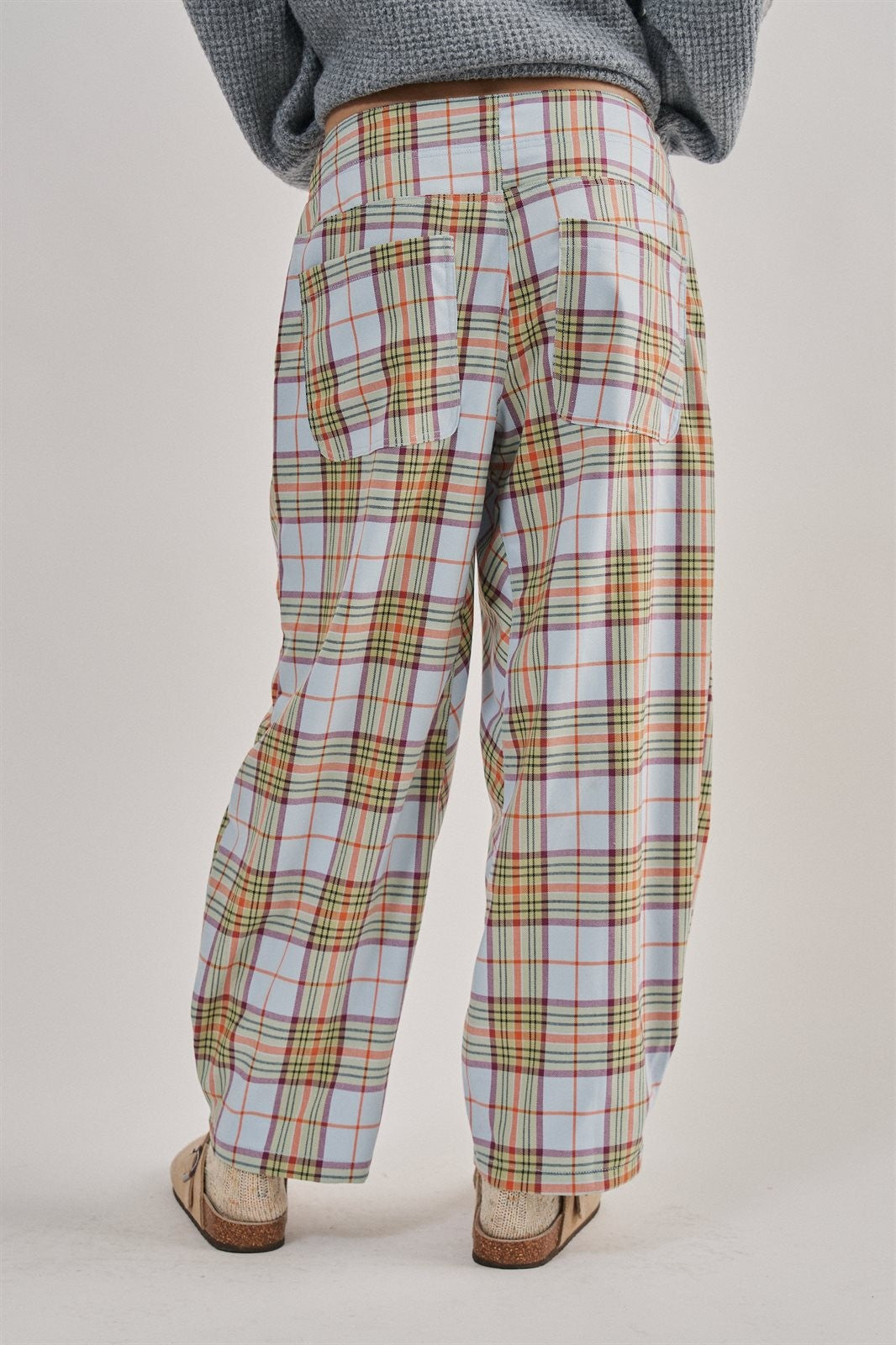 Plaid Patchwork Barrel Pants Wide Leg in Grey - Women's Casual Pants | Urban Daizy