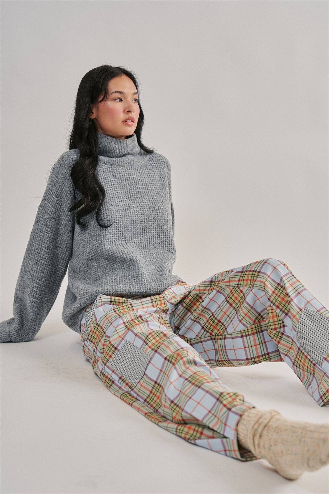 Plaid Patchwork Barrel Pants Wide Leg in Grey - Women's Casual Pants | Urban Daizy