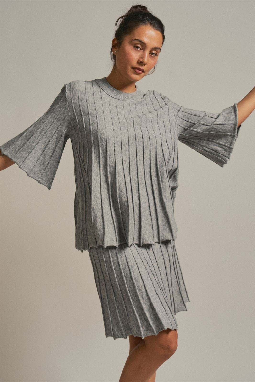 Pleated Swing Knit Top with Bell Sleeves in Grey - Women's Pants | Urban Daizy