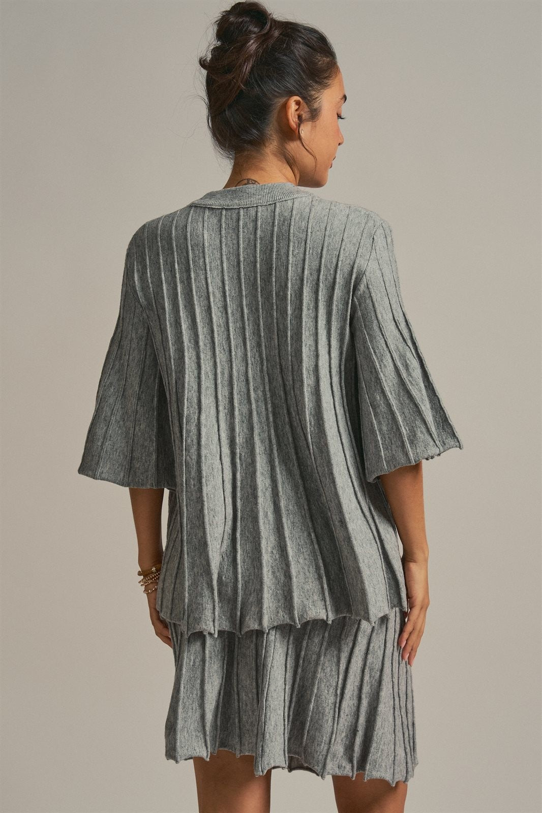 Pleated Swing Knit Top with Bell Sleeves in Grey - Women's Pants | Urban Daizy