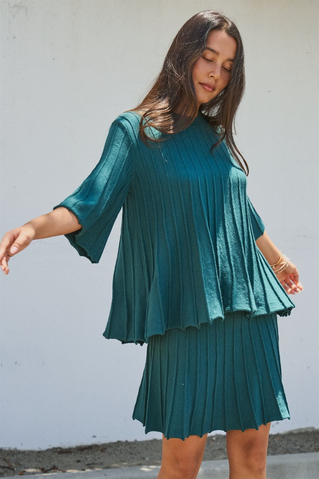 Pleated Swing Knit Top with Bell Sleeves in Teal Green - Women's Pants | Urban Daizy