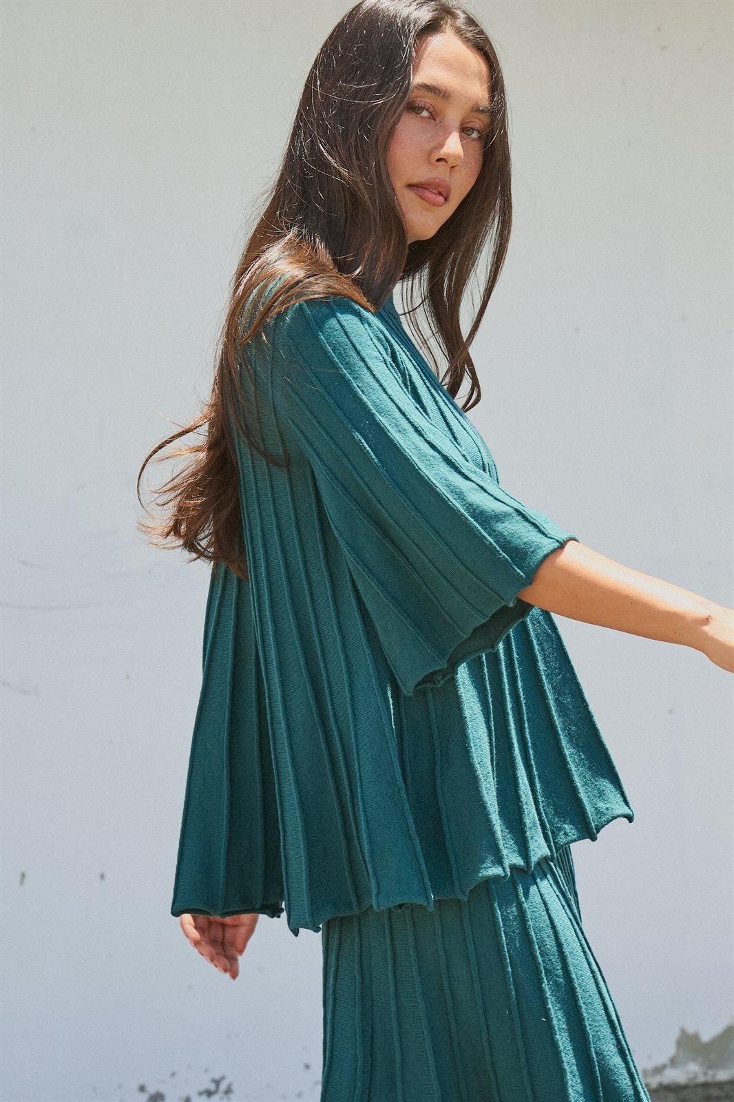 Pleated Swing Knit Top with Bell Sleeves in Teal Green - Women's Pants | Urban Daizy