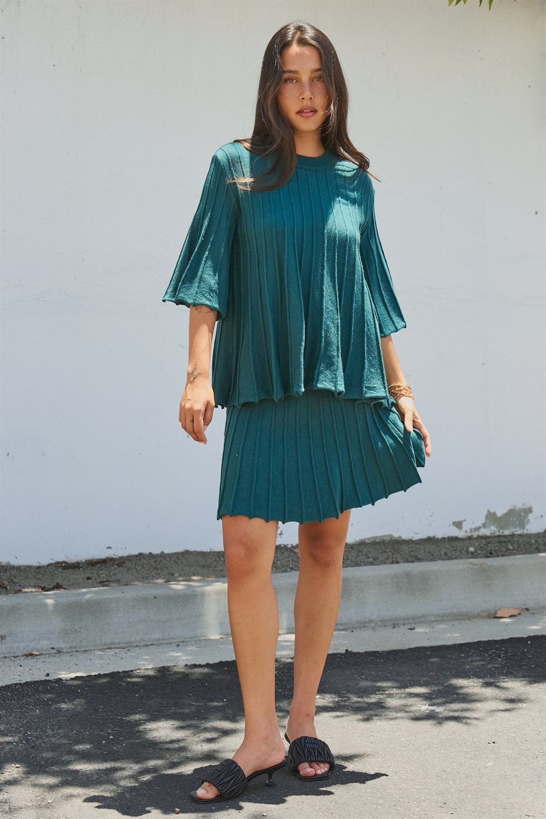 Pleated Swing Knit Top with Bell Sleeves in Teal Green - Women's Pants | Urban Daizy