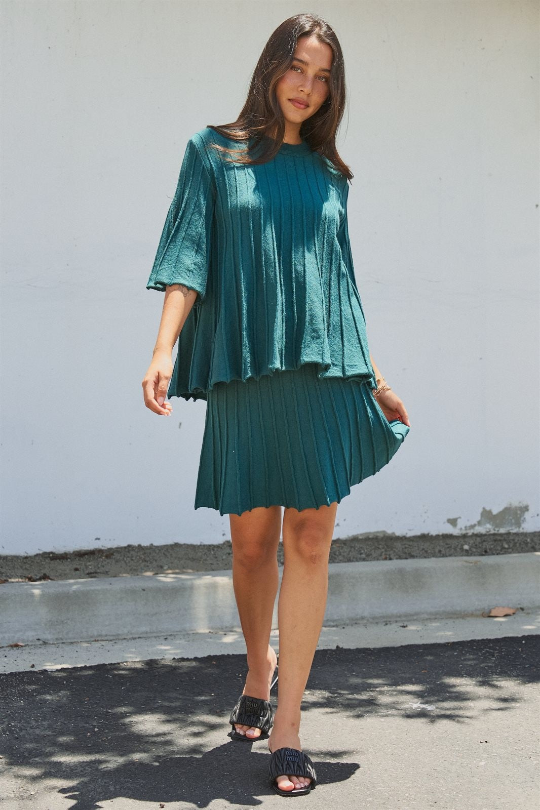 Pleated Swing Knit Top with Bell Sleeves in Teal Green - Women's Pants | Urban Daizy
