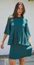 Pleated Swing Knit Top with Bell Sleeves in Teal Green - Women's Pants | Urban Daizy