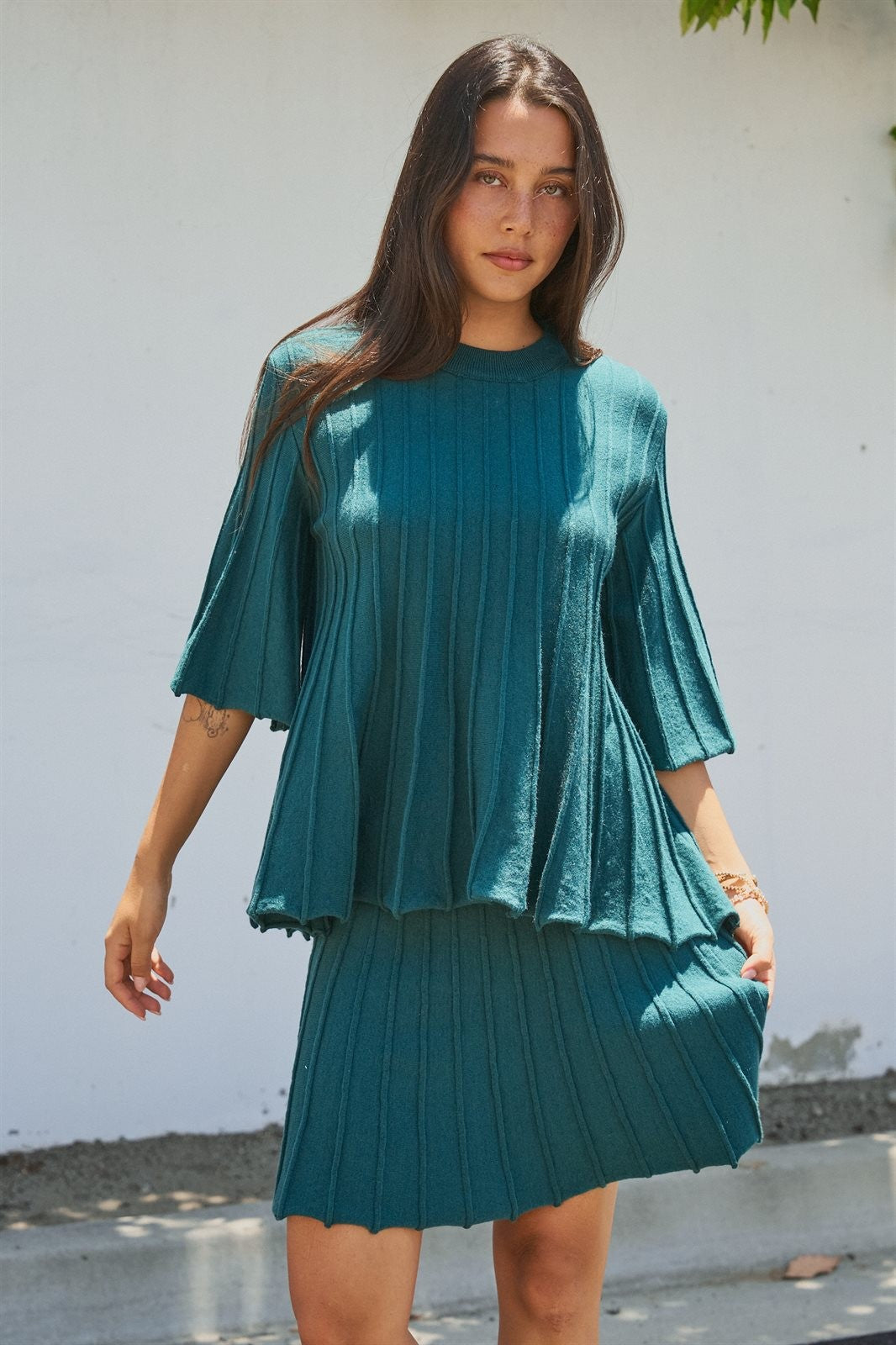 Pleated Swing Knit Top with Bell Sleeves in Teal Green - Women's Pants | Urban Daizy