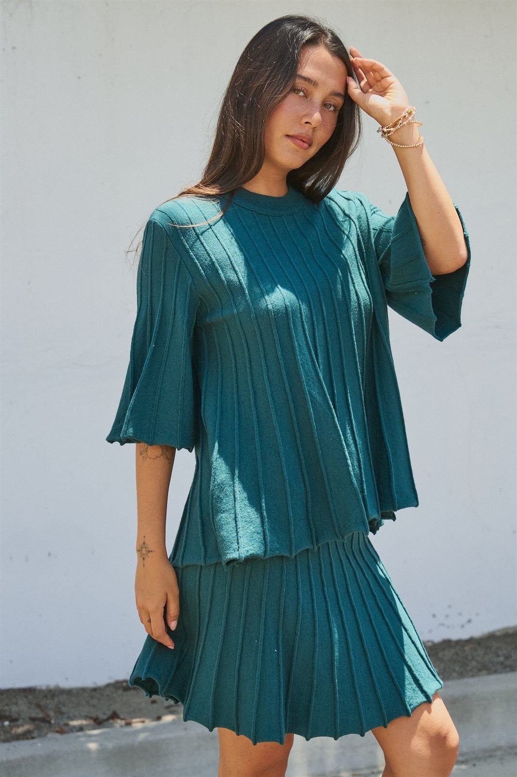 Pleated Swing Knit Top with Bell Sleeves in Teal Green - Women's Pants | Urban Daizy