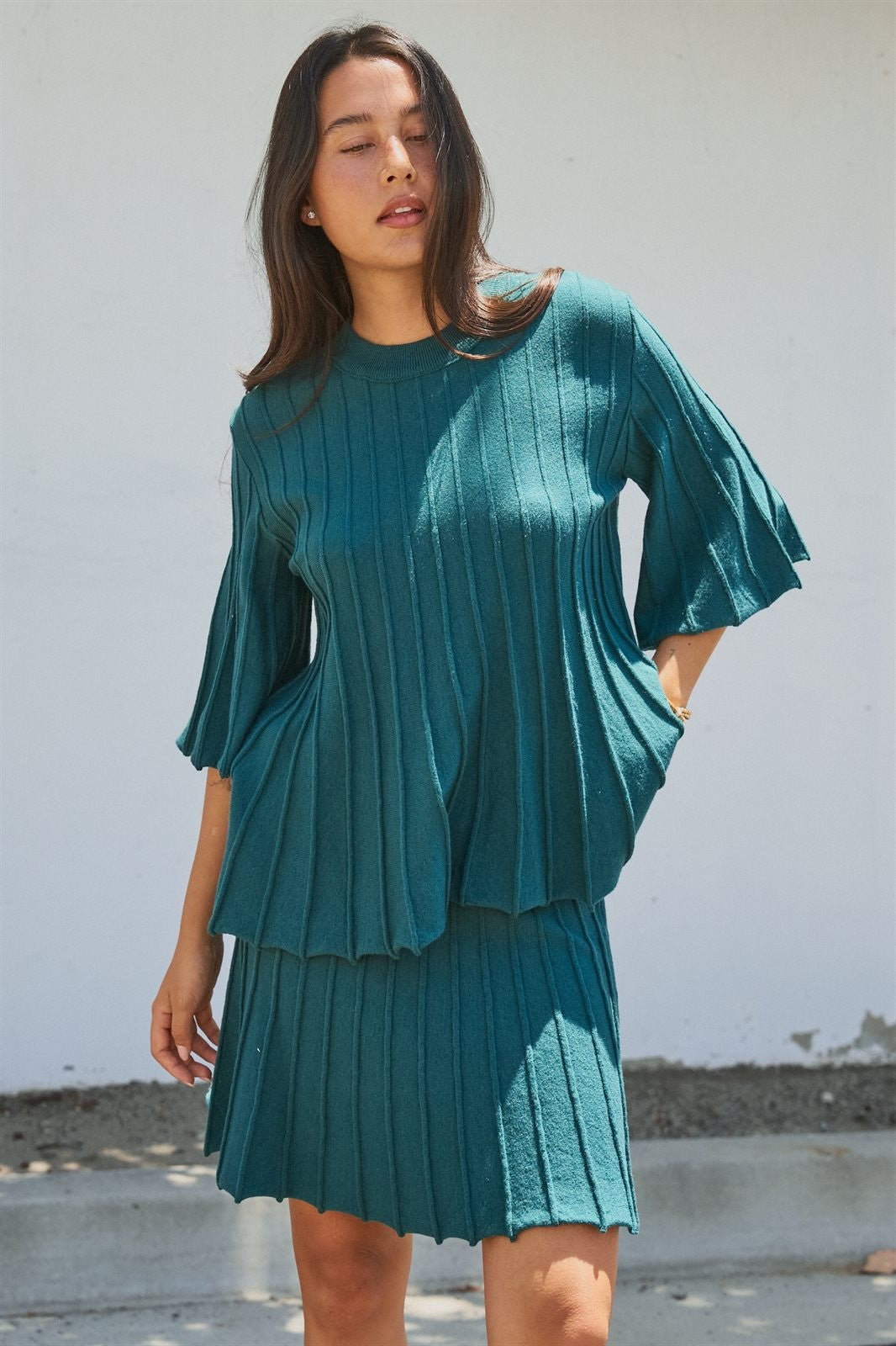 Pleated Swing Knit Top with Bell Sleeves in Teal Green - Women's Pants | Urban Daizy