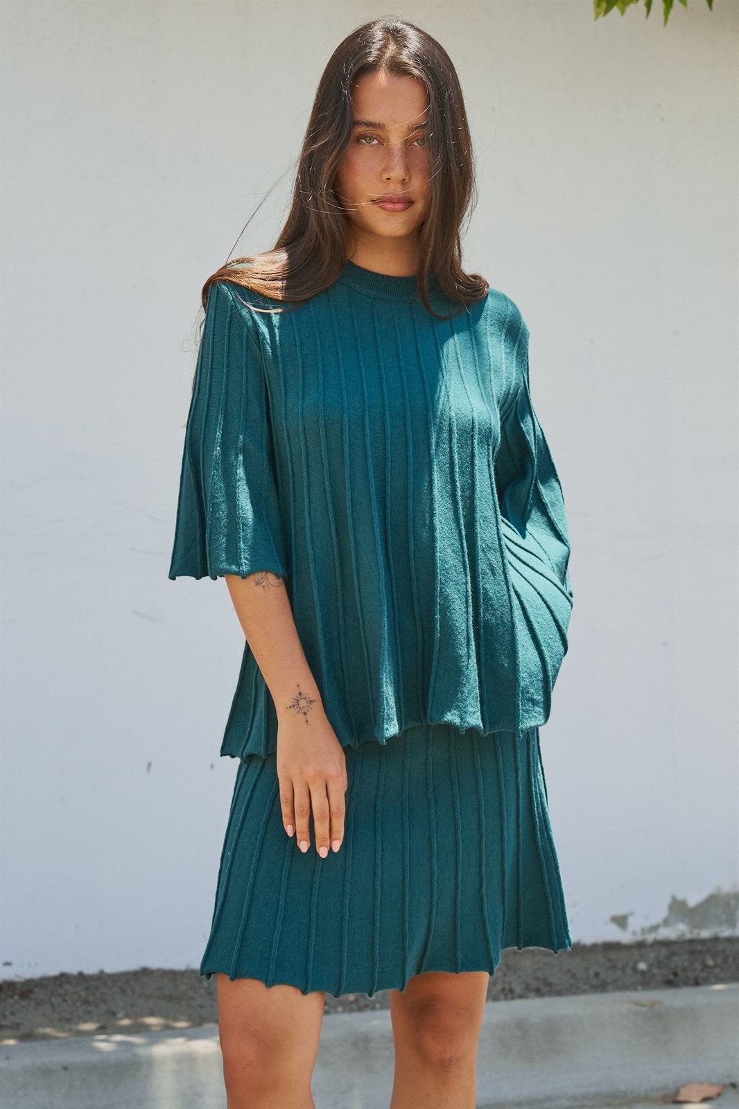 Pleated Swing Knit Top with Bell Sleeves in Teal Green - Women's Pants | Urban Daizy