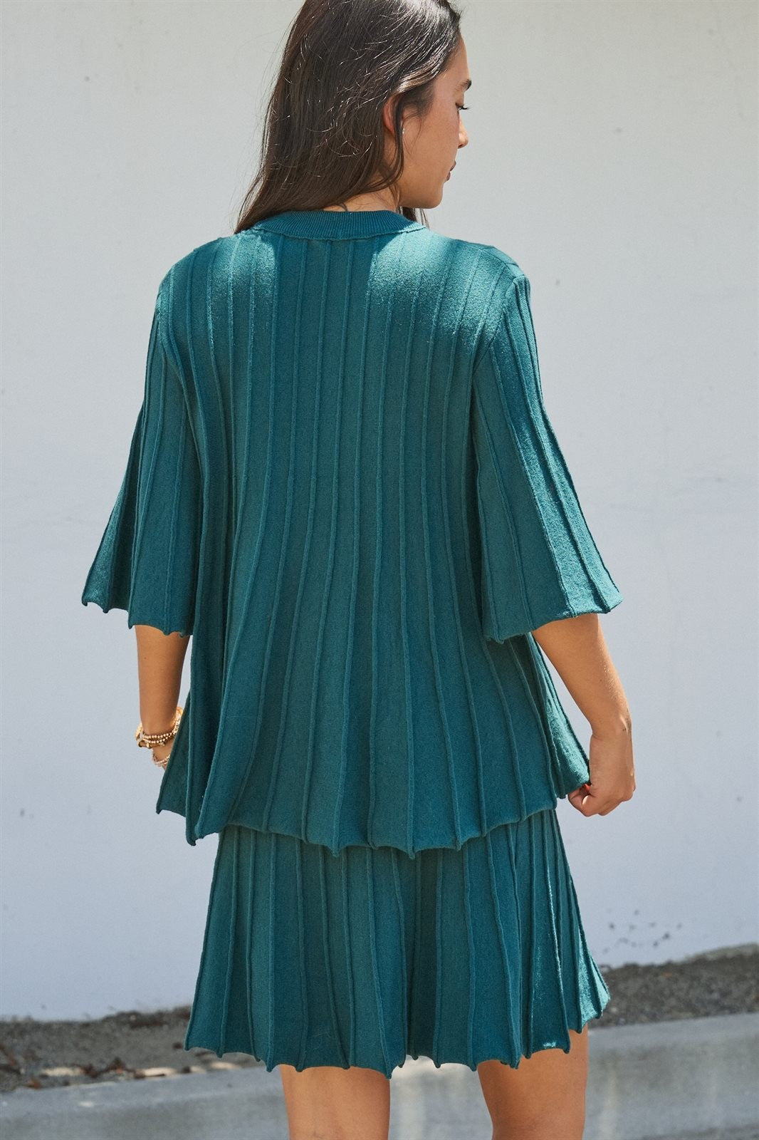 Pleated Swing Knit Top with Bell Sleeves in Teal Green - Women's Pants | Urban Daizy