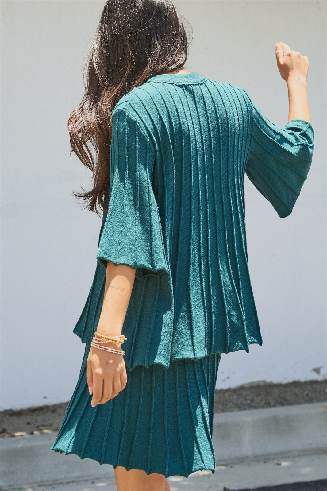 Pleated Swing Knit Top with Bell Sleeves in Teal Green - Women's Pants | Urban Daizy