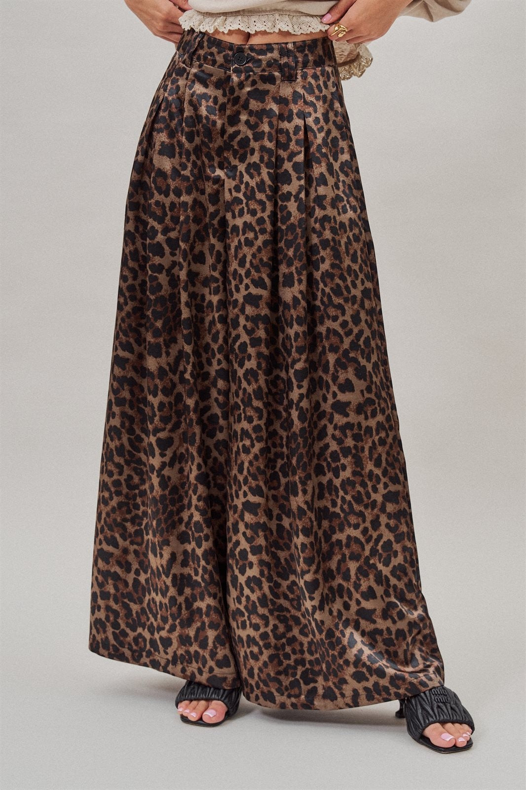 Leopard Print Satin Pleated Wide Leg Trousers in Leopard - Women's Pants | Urban Daizy