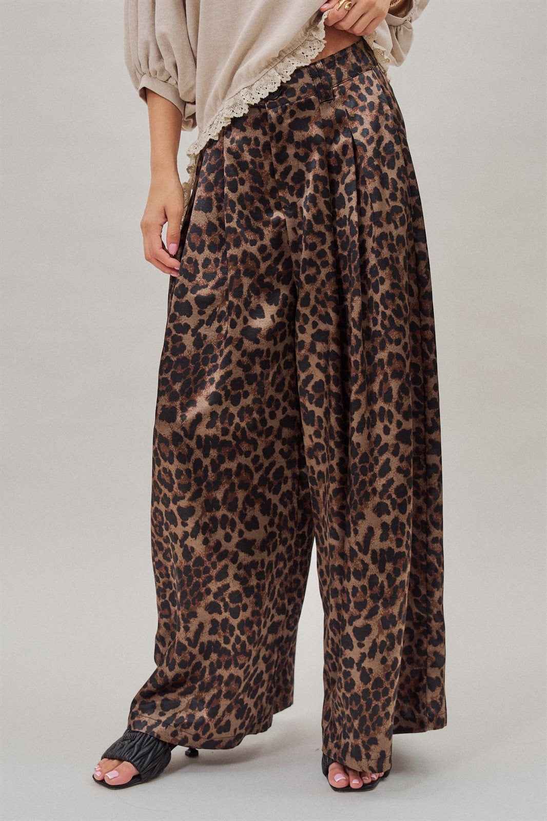 Leopard Print Satin Pleated Wide Leg Trousers in Leopard - Women's Pants | Urban Daizy