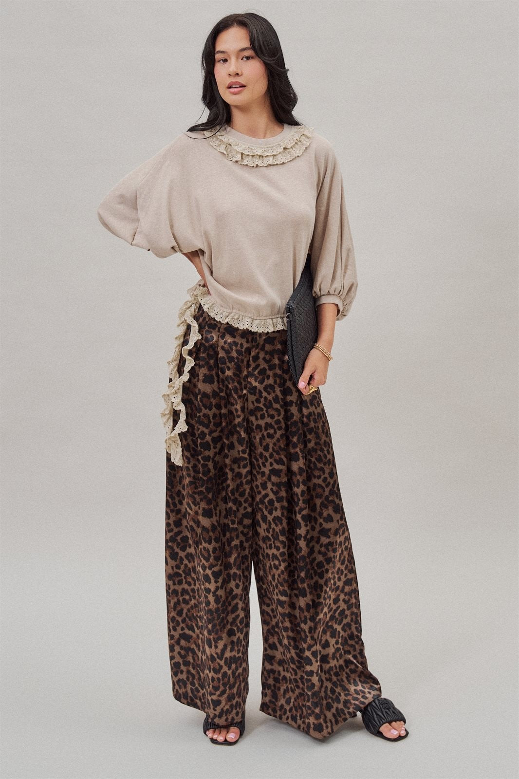 Leopard Print Satin Pleated Wide Leg Trousers in Leopard - Women's Pants | Urban Daizy
