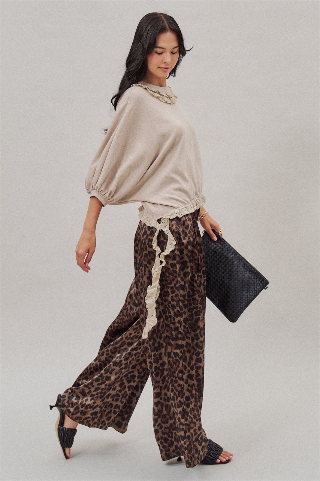 Leopard Print Satin Pleated Wide Leg Trousers in Leopard - Women's Pants | Urban Daizy