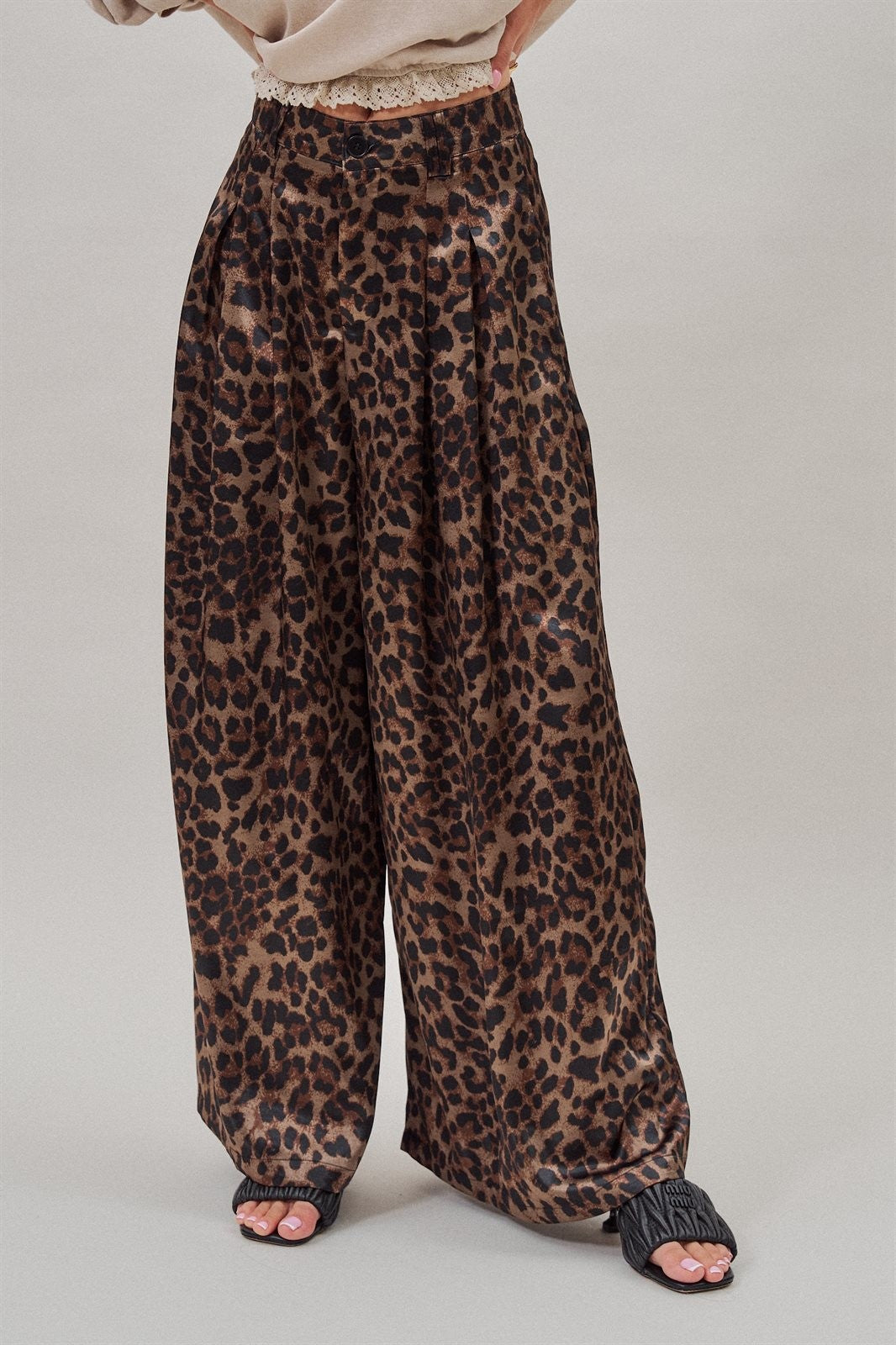 Leopard Print Satin Pleated Wide Leg Trousers in Leopard - Women's Pants | Urban Daizy